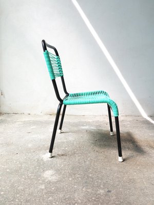 Vintage Aquamarine Green PVC Laces and Black Tubular Metal Childrens Chair, 1970s-GGK-645201