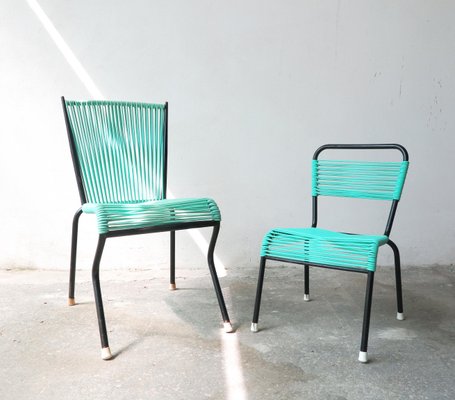 Vintage Aquamarine Green PVC Laces and Black Tubular Metal Childrens Chair, 1970s-GGK-645201