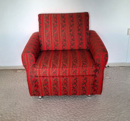 Vintage Armchair with Wheels in Red and Brown Fabric, 1970s-HOI-836806