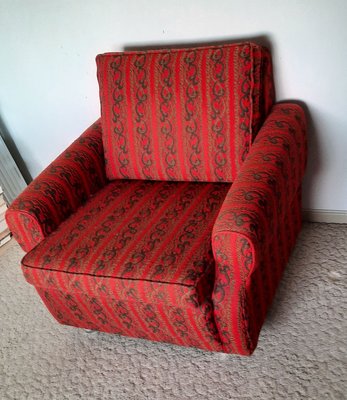 Vintage Armchair with Wheels in Red and Brown Fabric, 1970s-HOI-836806