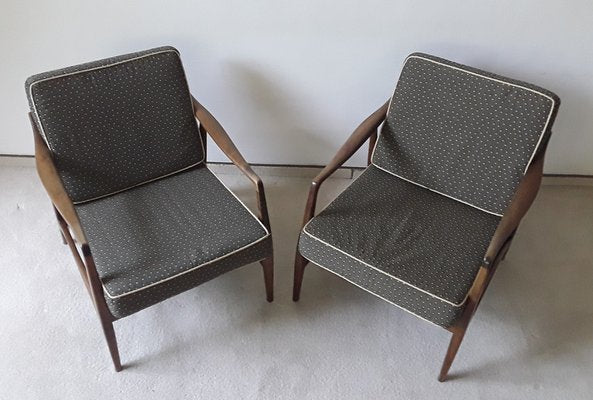 Vintage Armchairs with Brown Beech Wood Frame and Brown Seating and Back Cushions, Set of 2-HOI-1703241