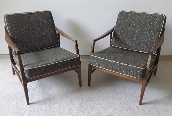 Vintage Armchairs with Brown Beech Wood Frame and Brown Seating and Back Cushions, Set of 2-HOI-1703241