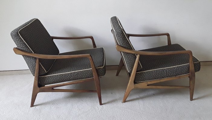 Vintage Armchairs with Brown Beech Wood Frame and Brown Seating and Back Cushions, Set of 2-HOI-1703241