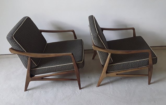 Vintage Armchairs with Brown Beech Wood Frame and Brown Seating and Back Cushions, Set of 2-HOI-1703241