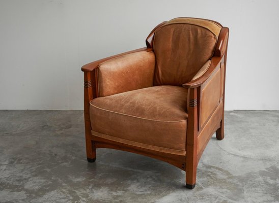 Vintage Art Deco Chair in Oak and Cognac Leather, 1980s-FEW-2024246