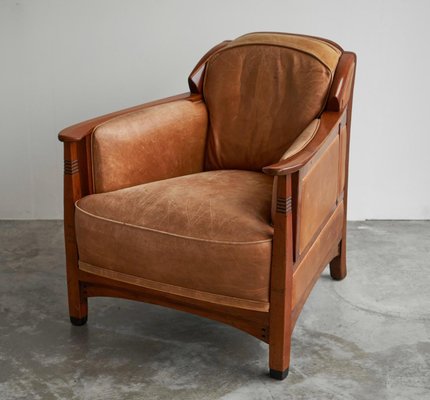 Vintage Art Deco Chair in Oak and Cognac Leather, 1980s-FEW-2024246