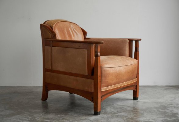 Vintage Art Deco Chair in Oak and Cognac Leather, 1980s-FEW-2024246