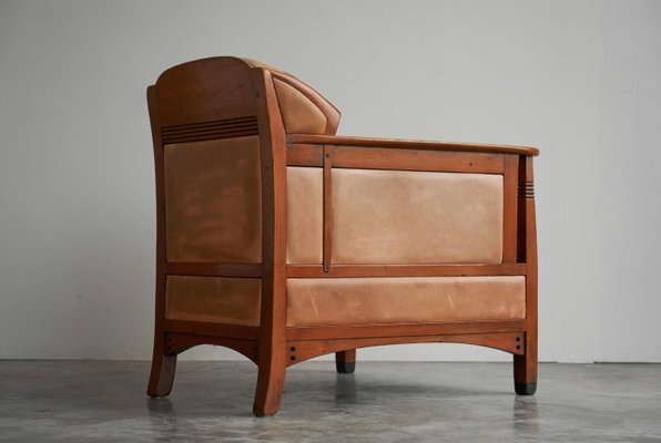 Vintage Art Deco Chair in Oak and Cognac Leather, 1980s-FEW-2024246