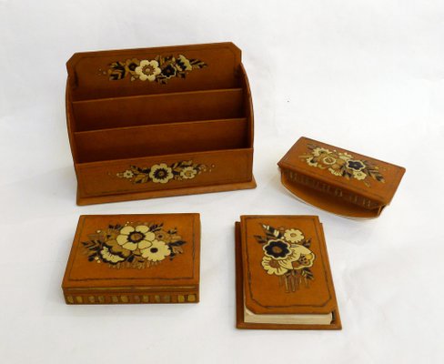 Vintage Art Deco Desktop Set in Leather, 1920s, Set of 4-RNR-1794293