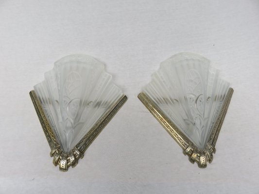 Vintage Art Deco Etched Glass & Nickel-Plated Wall Lights from Frontisi, Set of 2-EY-646961