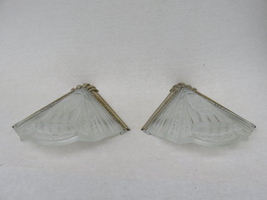 Vintage Art Deco Etched Glass & Nickel-Plated Wall Lights from Frontisi, Set of 2-EY-646961