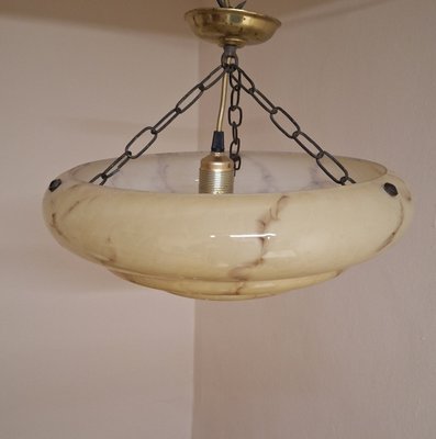 Vintage Art Deco German Ceiling Lamp with Beige, Brown Marbled Glass Shade on a Brass Mount, 1930s-HOI-2040249