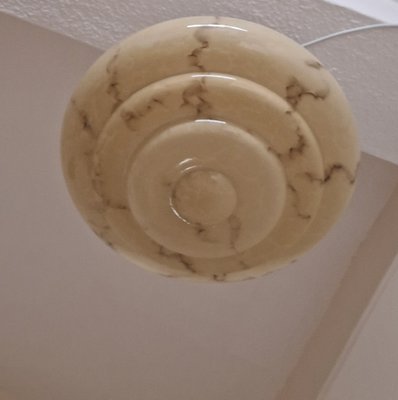 Vintage Art Deco German Ceiling Lamp with Beige, Brown Marbled Glass Shade on a Brass Mount, 1930s-HOI-2040249