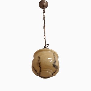 Vintage Art Deco German Ceiling Lamp with Beige-Grey Marbled Glass Shade on a Brass Mount-HOI-2035585