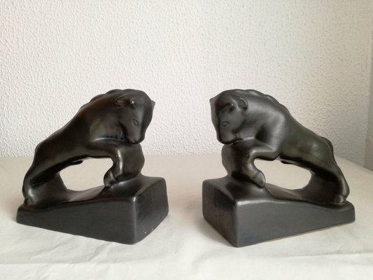 Vintage Art Deco Glazed Ceramic Bull Bookends, Yugoslavia, 1930s, Set of 2-NKJ-1295583