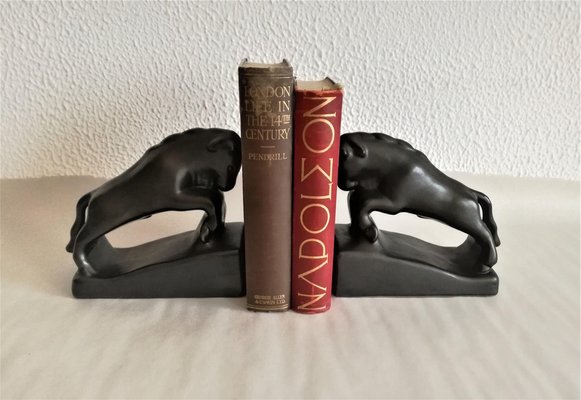 Vintage Art Deco Glazed Ceramic Bull Bookends, Yugoslavia, 1930s, Set of 2-NKJ-1295583