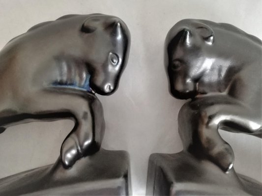 Vintage Art Deco Glazed Ceramic Bull Bookends, Yugoslavia, 1930s, Set of 2-NKJ-1295583