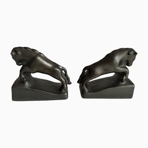 Vintage Art Deco Glazed Ceramic Bull Bookends, Yugoslavia, 1930s, Set of 2-NKJ-1295583