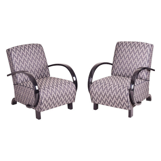 Vintage Art Deco Grey Lounge Chairs in Beech and Black Lacquer, 1930s, Set of 2