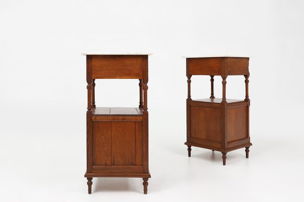 Vintage Art Deco Nightstands in Oak with Carrara Marble Top, 1930s, Set of 2-YSY-2043621