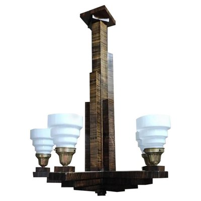 Vintage Art Deco Skyscraper Shaped Lamp in Wood and Opal Glass, 1920s-ODB-2029034