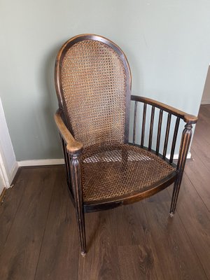 Vintage Art Deco Wood and Rattan Easy Chair, 1920s-DE-727764