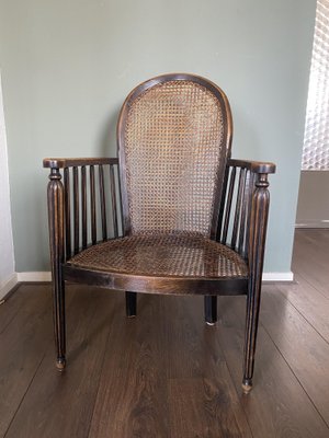 Vintage Art Deco Wood and Rattan Easy Chair, 1920s-DE-727764