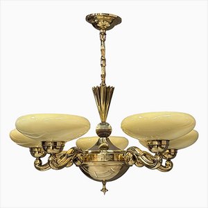 Vintage Art Nouveau Gold Brass Chandelier, 1920s-XSL-2041413