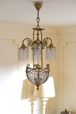 Vintage Art Nouveau Style Brass Chandelier with Swarovski Crystals, 1950s-QES-667906