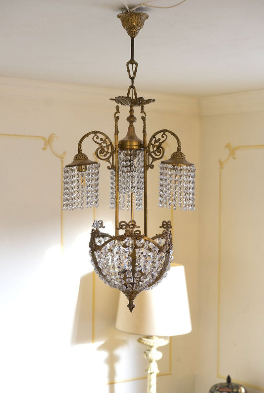 Vintage Art Nouveau Style Brass Chandelier with Swarovski Crystals, 1950s