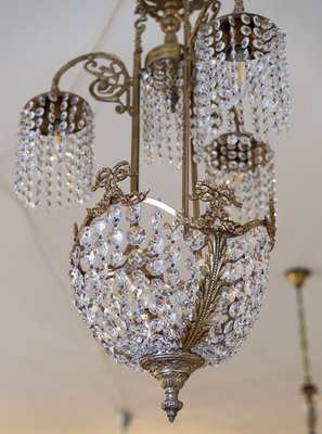 Vintage Art Nouveau Style Brass Chandelier with Swarovski Crystals, 1950s-QES-667906