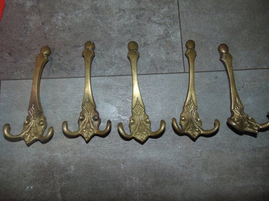 Vintage Art Nouveau Style Brass Coat Racks, 1970s, Set of 6-CAQ-569537