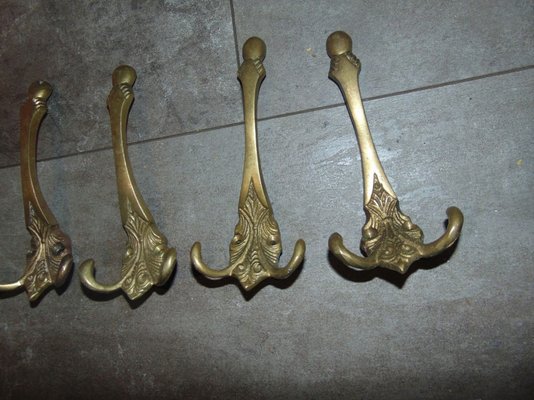 Vintage Art Nouveau Style Brass Coat Racks, 1970s, Set of 6-CAQ-569537