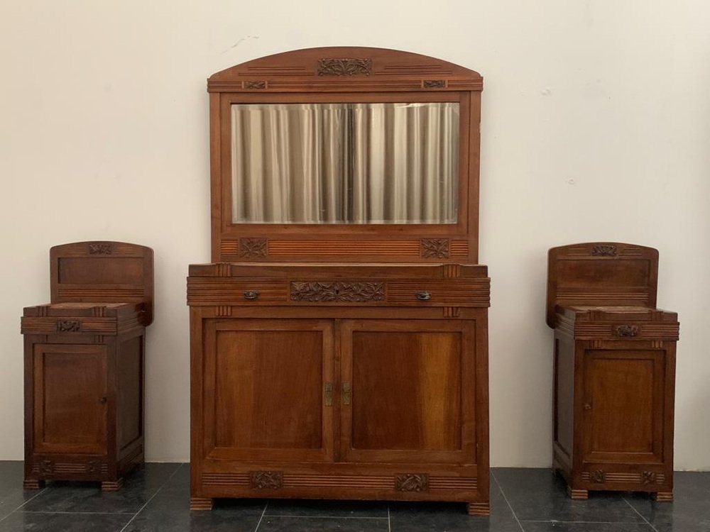 Vintage Art Nuveau Bedside Tables in Cherry, Set of 2