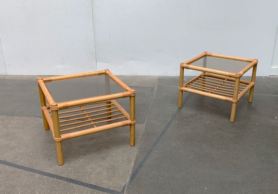 Vintage Bamboo and Glass Side Tables, 1970s, Set of 2-UAH-1344161