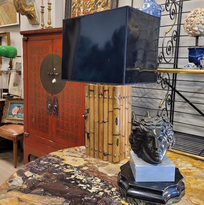 Vintage Bamboo Bronze and Black Patent Leather Table Lamp in the Style of Maison Jansen-NUC-627868