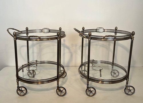 Vintage Bar Carts in Silver Brass from Maison Baguès, 1940s, Set of 2