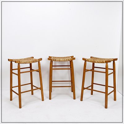 Vintage Bar Stools with Oak and Rush Woven Seat, Set of 3-NYF-2019025