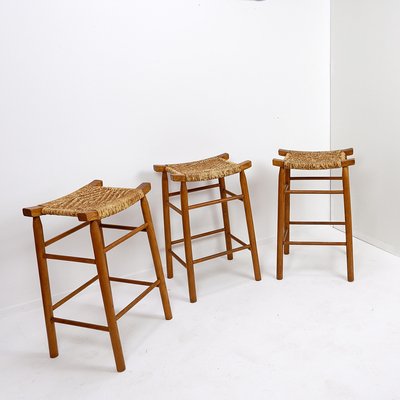 Vintage Bar Stools with Oak and Rush Woven Seat, Set of 3-NYF-2019025