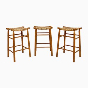 Vintage Bar Stools with Oak and Rush Woven Seat, Set of 3-NYF-2019025