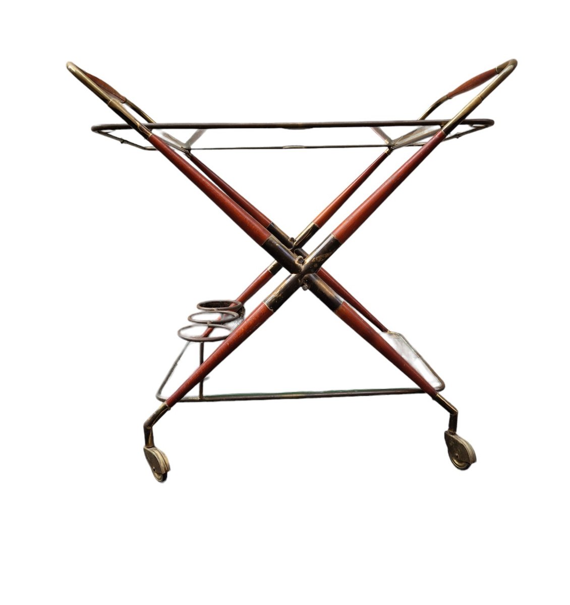 Vintage Bar Trolley in Wood and Brass by Cesare Lacca, 1950s