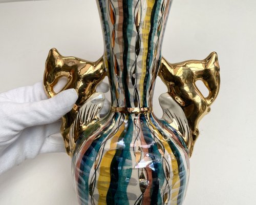 Vintage Baroque Ceramic Vase with Deer Stag Shape Handles from H.Bequet, Belgium, 1960s-GYX-1778079