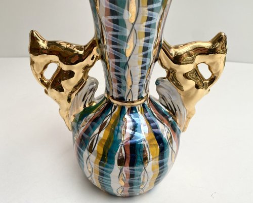 Vintage Baroque Ceramic Vase with Deer Stag Shape Handles from H.Bequet, Belgium, 1960s-GYX-1778079