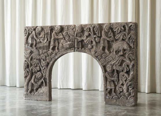 Vintage Bas Relief Fireplace Surround in Hand Carved Stone, 1940s-FEW-2024193