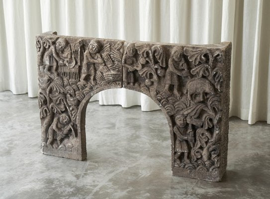 Vintage Bas Relief Fireplace Surround in Hand Carved Stone, 1940s-FEW-2024193