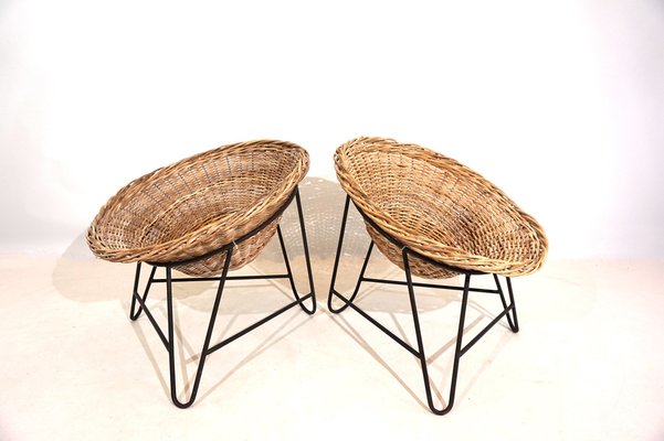 Vintage Basket Chairs in Rattan, 1960s, Set of 2-HUW-1794654