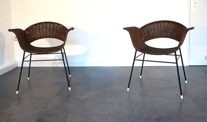 Vintage Basket Chairs in Rattan and Metal, 1950s, Set of 2-CIP-2035752