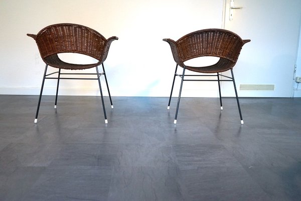 Vintage Basket Chairs in Rattan and Metal, 1950s, Set of 2-CIP-2035752