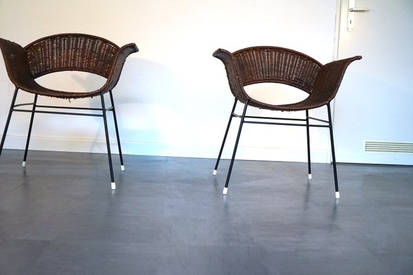 Vintage Basket Chairs in Rattan and Metal, 1950s, Set of 2-CIP-2035752