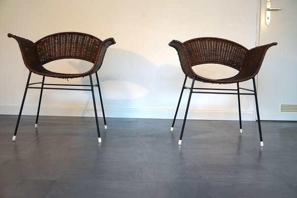 Vintage Basket Chairs in Rattan and Metal, 1950s, Set of 2-CIP-2035752